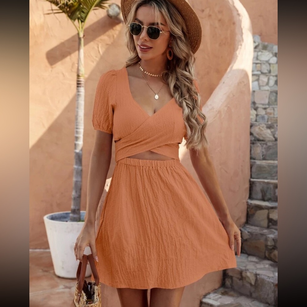 Shein Textured Orange Dress with Puff Sleeves